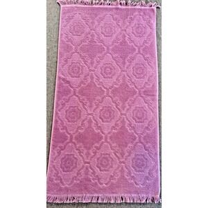 Vintage Pink Scuplted Bath Towel Jacquard Floral Fringe Boho 1970s Retro Decor